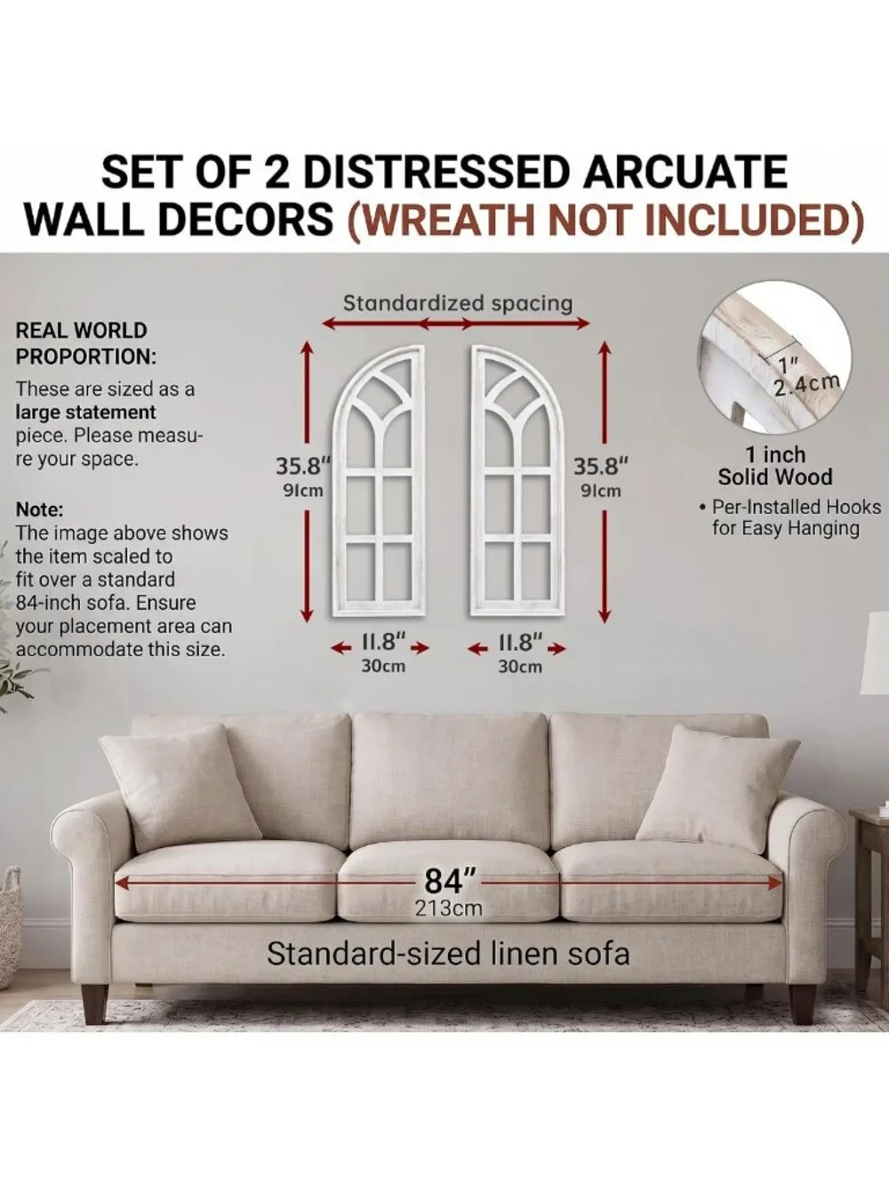 Set of 2 Large Cathedral Arch Window Frame Wall Decor - Rustic Wood Art